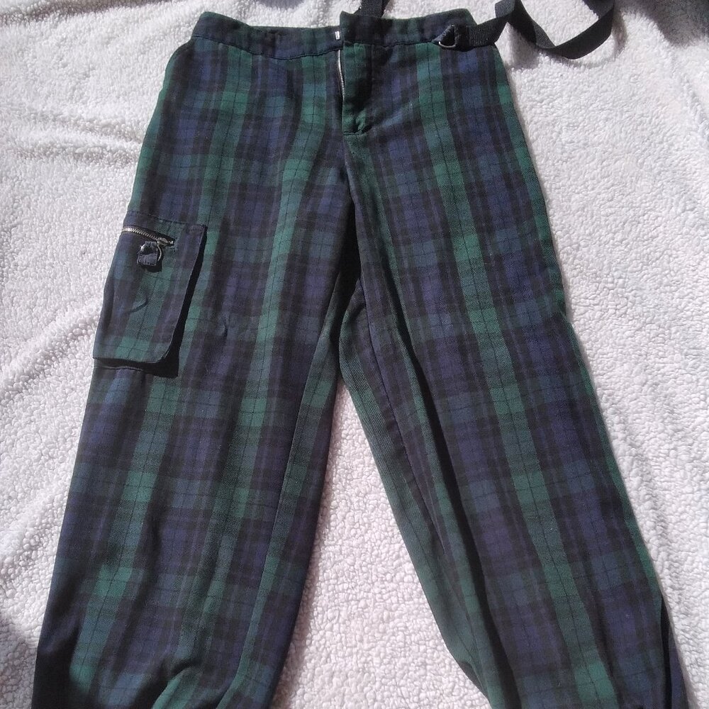 Blue and green plaid pants with suspender strap